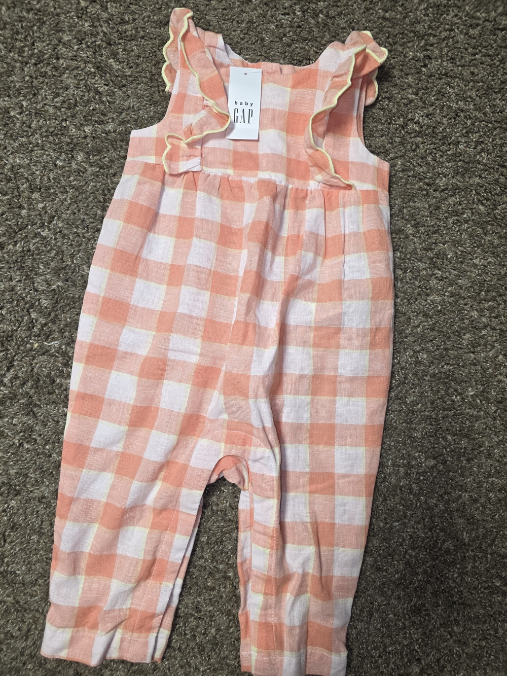 GAP Peach and White Gingham Ruffle Strap Romper